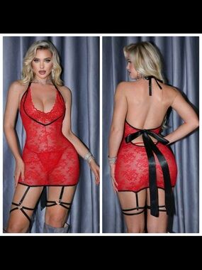 Red Lace Halter Chemise with Black Satin Bow